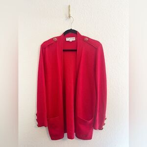 St John Knit Long Jacket cardigan with enameled button design in red. Small